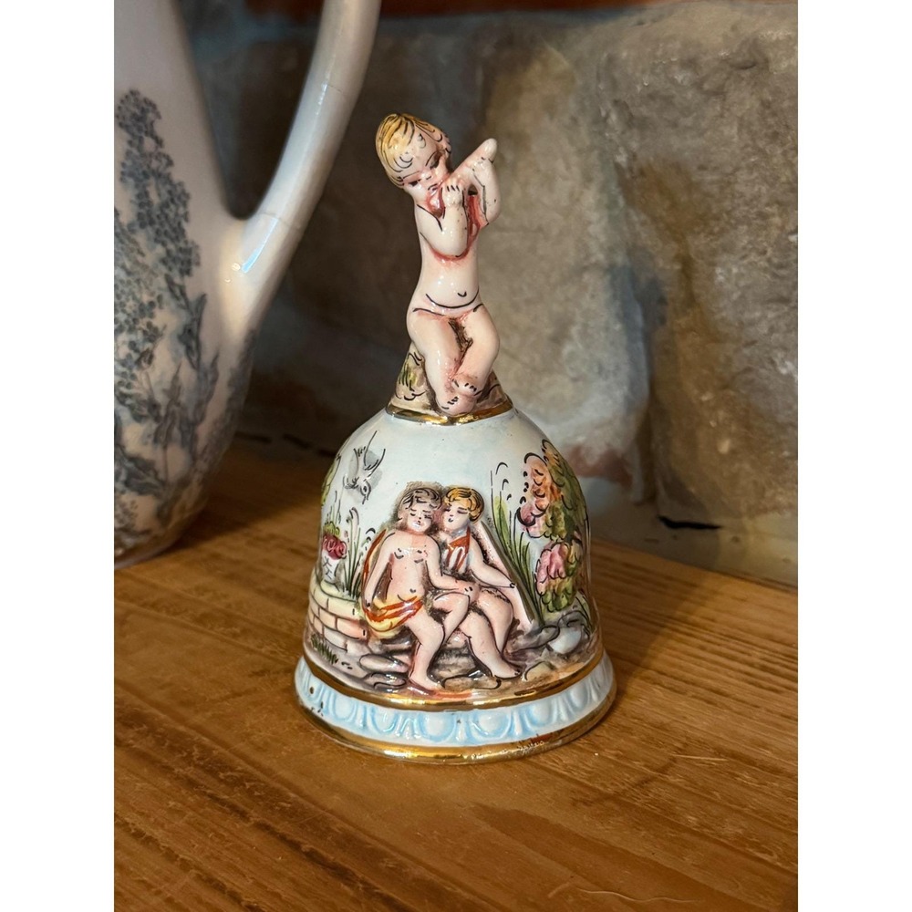 Capodimonte Italian Porcelain Bell Cherubs Putto Flute Relief Gold Trim Vintage
